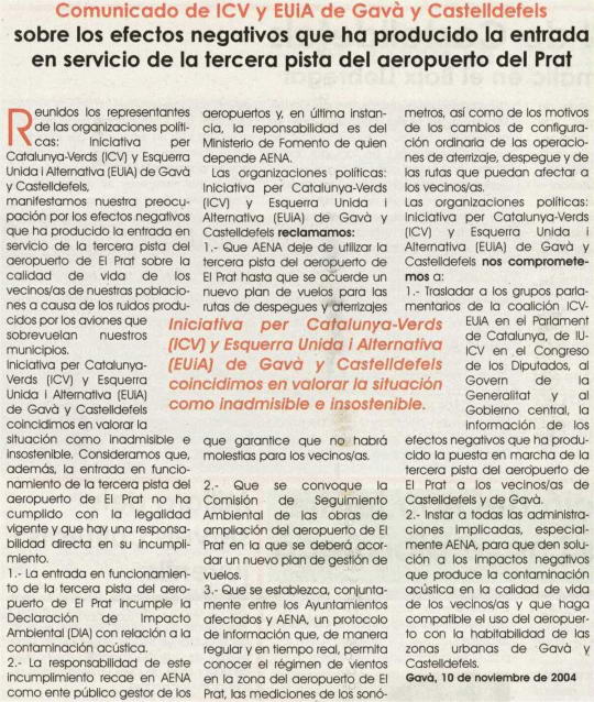 Comunicado conjuno de ICV y EUiA de Gavà y Castelldefels solicitando el cierre temporal de la tercera pista (10 de noviembre de 2004)